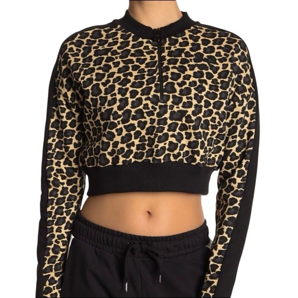 Puma wild pack leopard print 1/2 zip cropped pullover sweatshirt size L